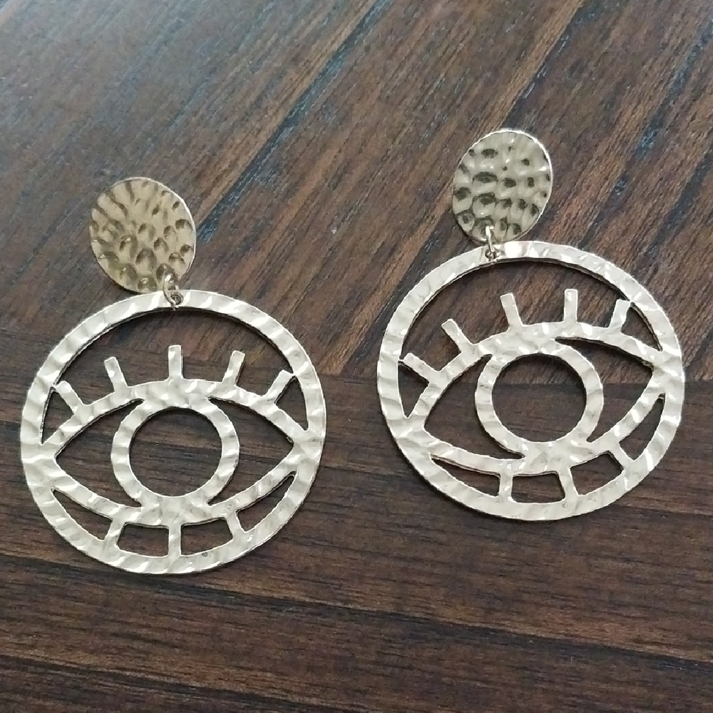 Gold Tone Hammered Eye Drop Earrings - Women Jewelry